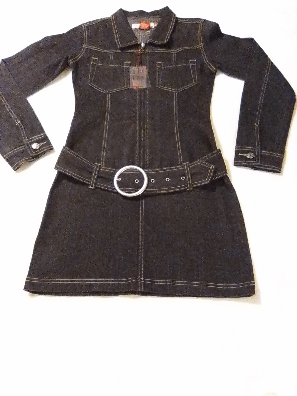 Girls Dark Denim Zip-Front Belted Shirt Dress
